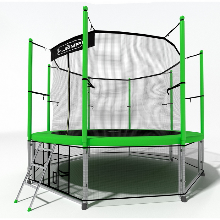 Батут i-Jump Classic 12FT 366 см с нижней сетью и лестницей зеленый 700_700